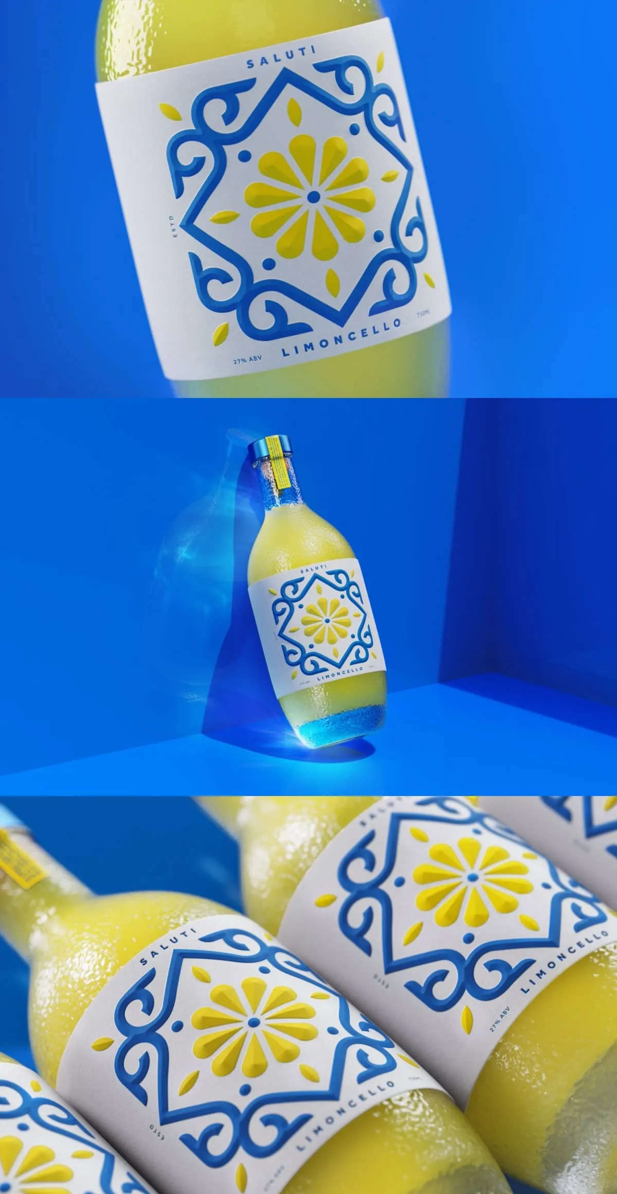 Bouteille de limoncello à étiquette bleue et jaune sur fond cobalt