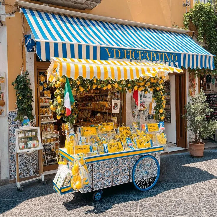 Charrette à citrons devant une boutique italienne à Positano