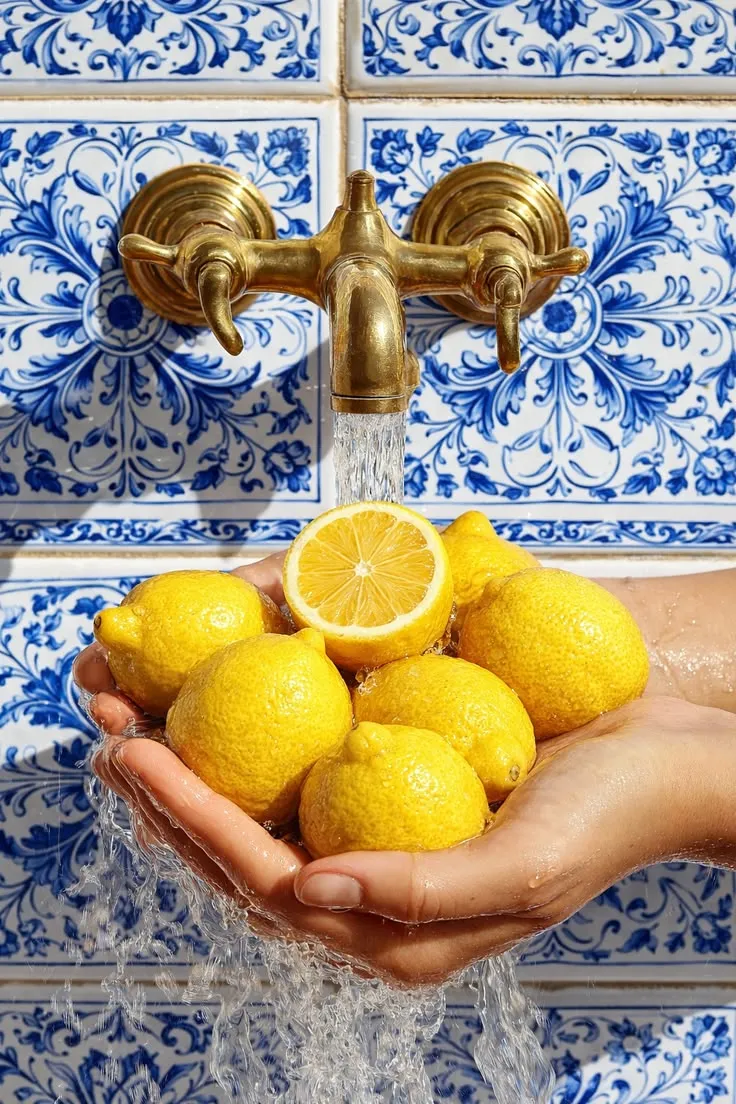 Mains rinçant des citrons sous un robinet en laiton et azulejos bleus