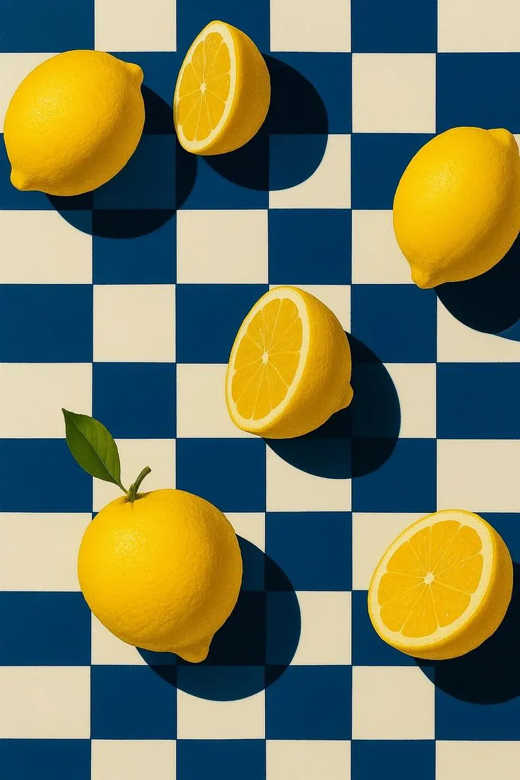 Citrons disposés sur un damier bleu et crème