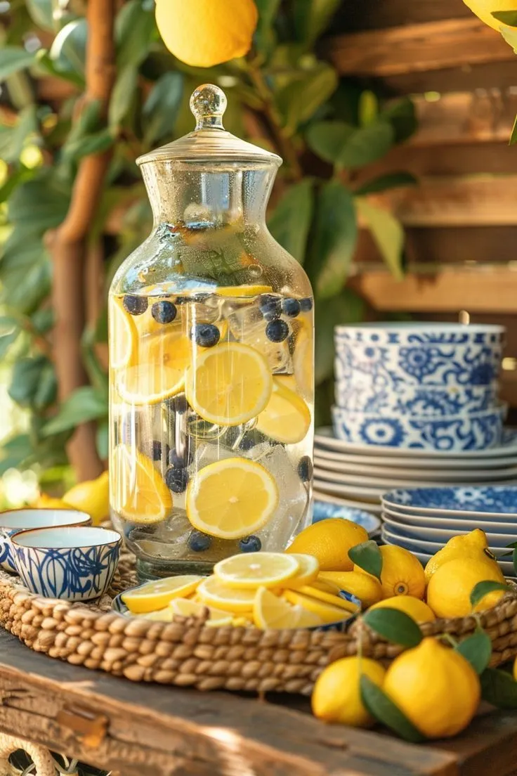 Carafe de limonade myrtille et citron avec vaisselle bleu et blanc