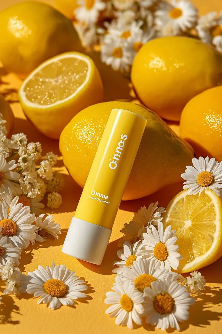 Stick à lèvres Omnis sur fond ocre avec citrons et fleurs de camomille