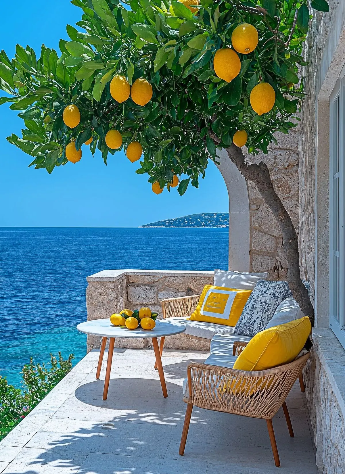 Terrasse blanche méditerranéenne avec citronnier surplombant la mer
