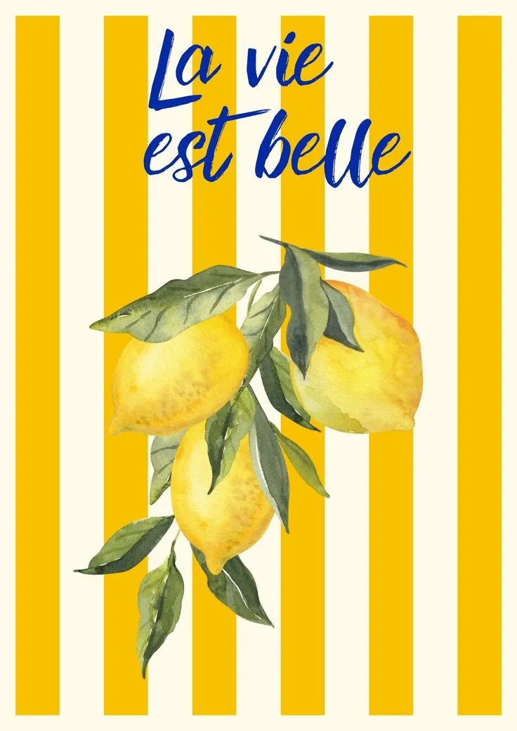 Aquarelle "La vie est belle" avec branche de citrons